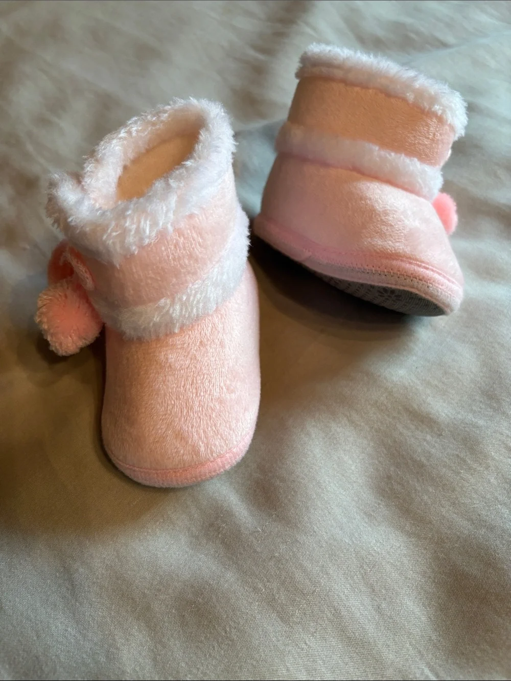 Baby Pink Fuzzy Pom Pom Booties - Infant Walker Shoes - Size 2.5